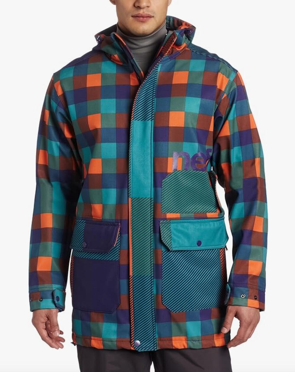 Neff Men's Rad Plaid Softshell Jacket S Orange Teal Purple Parka Snowboard Coat